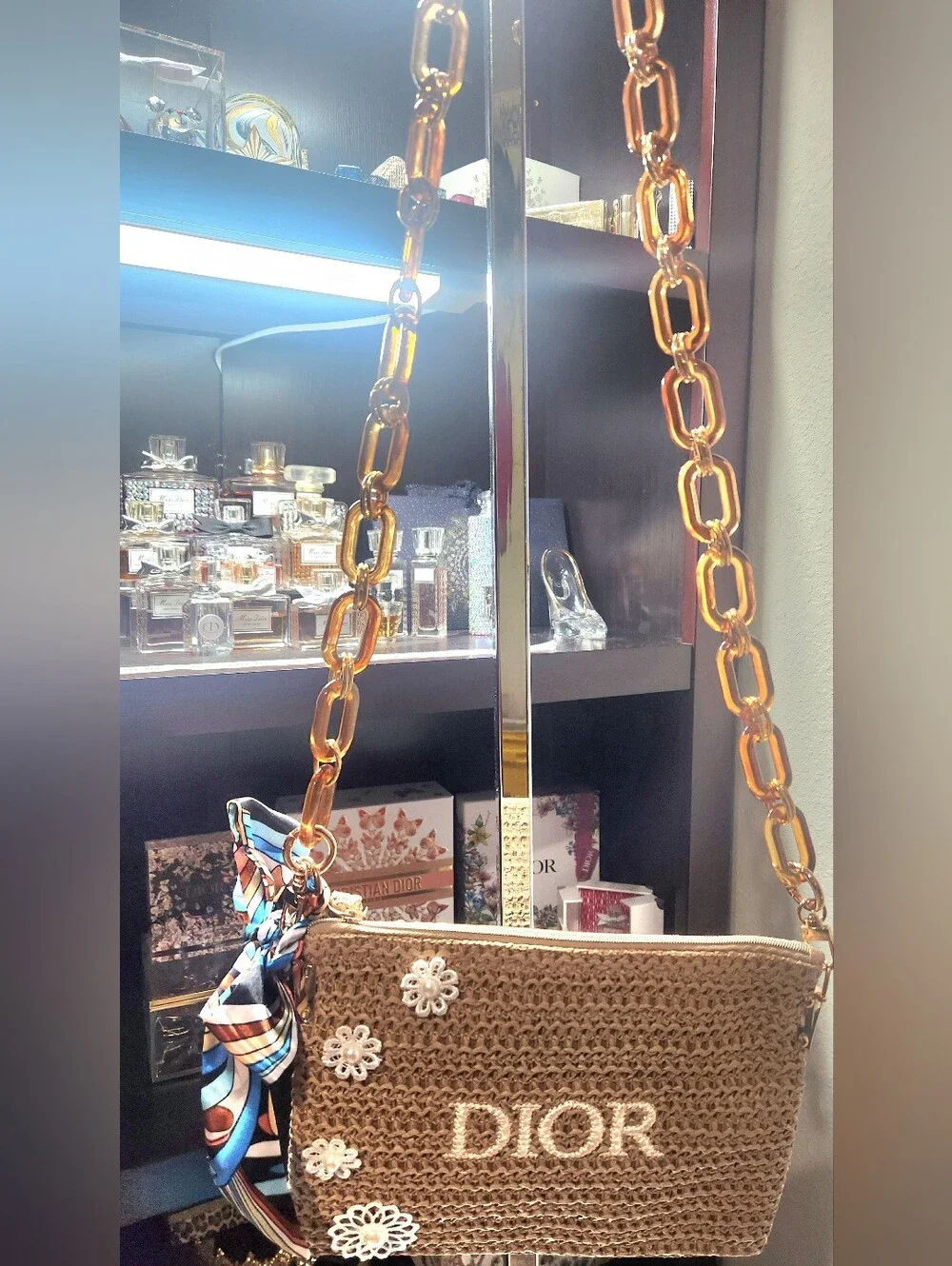 Dior Straw Crossbody Bag in Brown with Floral Embellishments